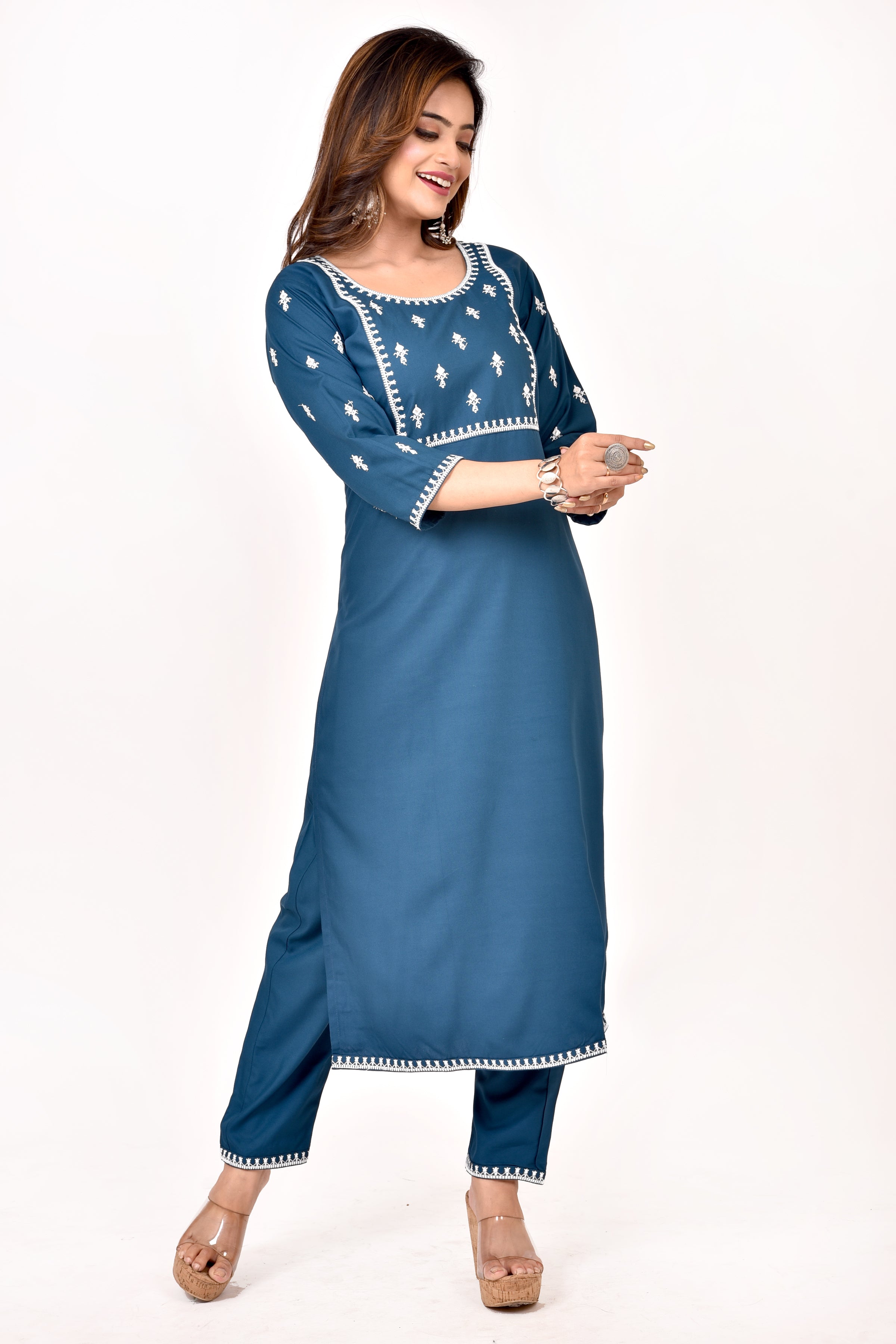 Teal blue Embroidered Kurta With Pant