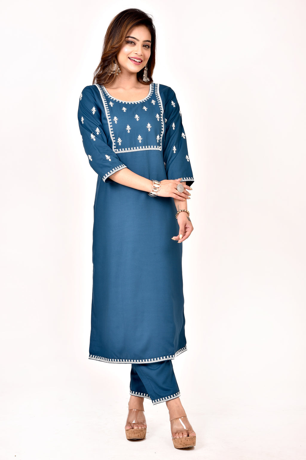 Teal blue Embroidered Kurta With Pant