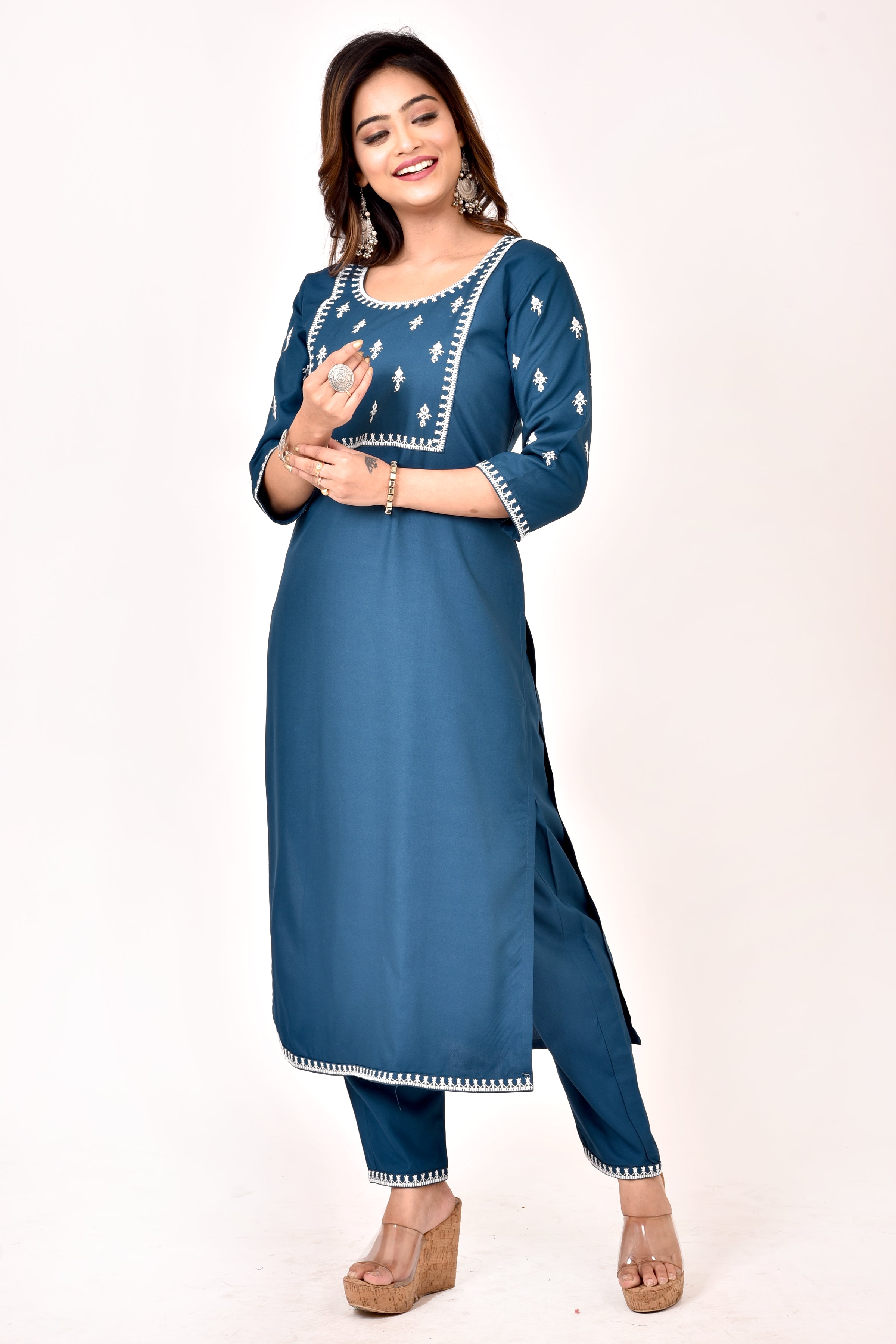 Teal blue Embroidered Kurta With Pant