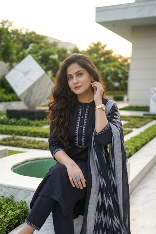 Black Embroidered Kurta With Pant & Dupatta