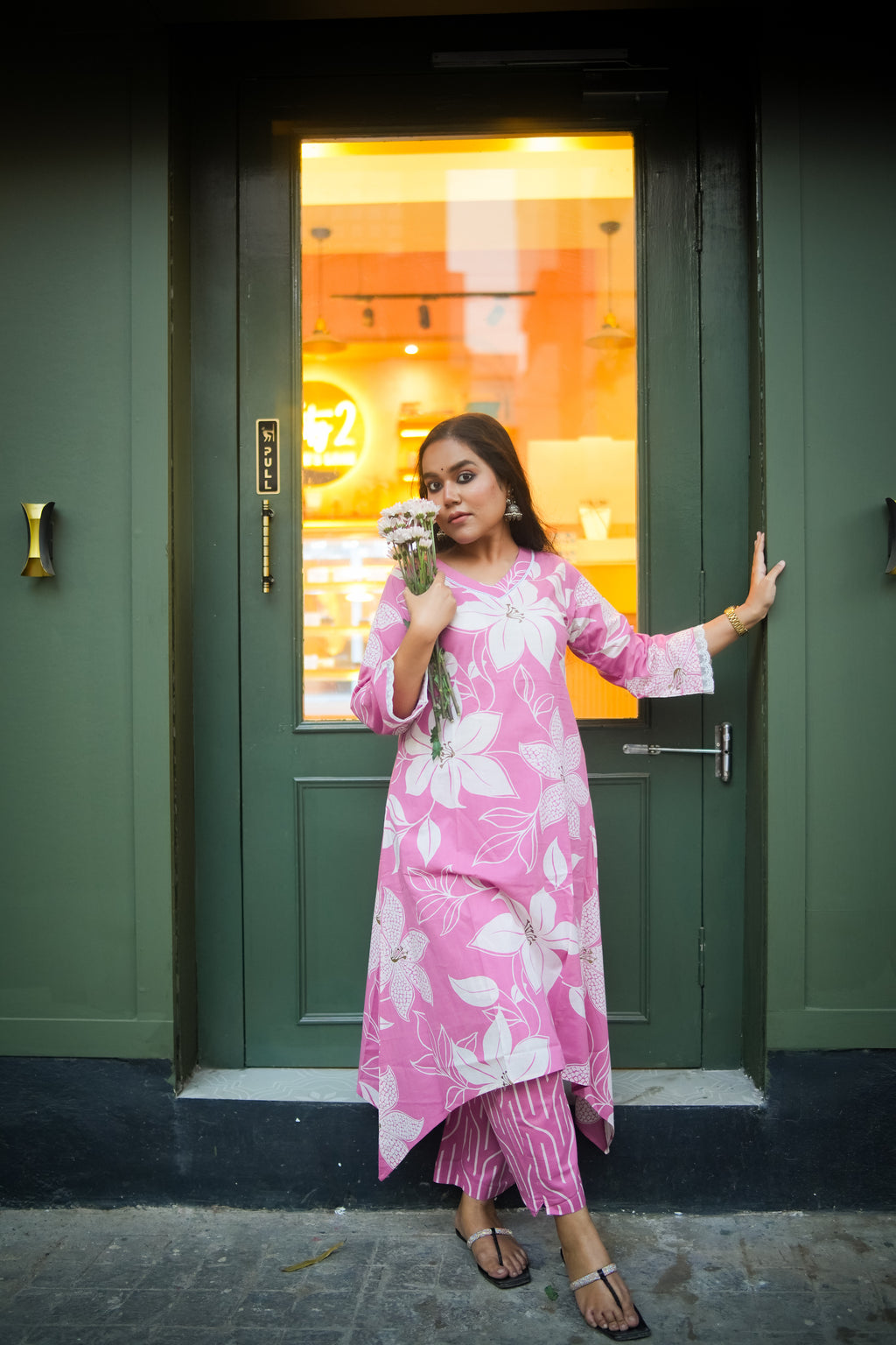 Orchid Pink Floral Print A-Line Kurta With Pant