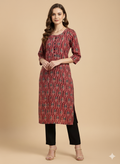 Maroon Geometric Print Threadwork Straight Kurta