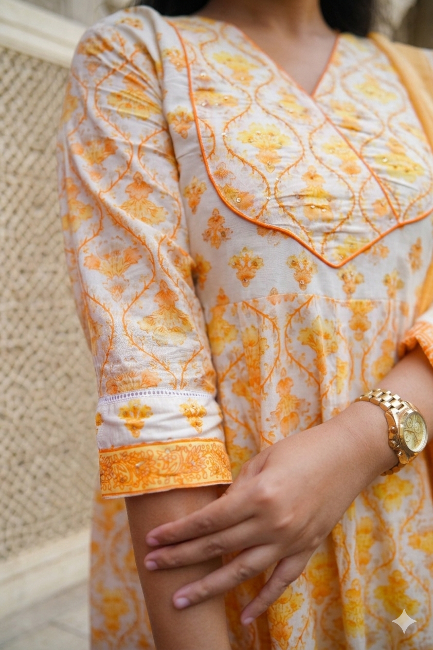 Yellow Floral Embroidered Anarkali Kurta with Pant & Dupatta