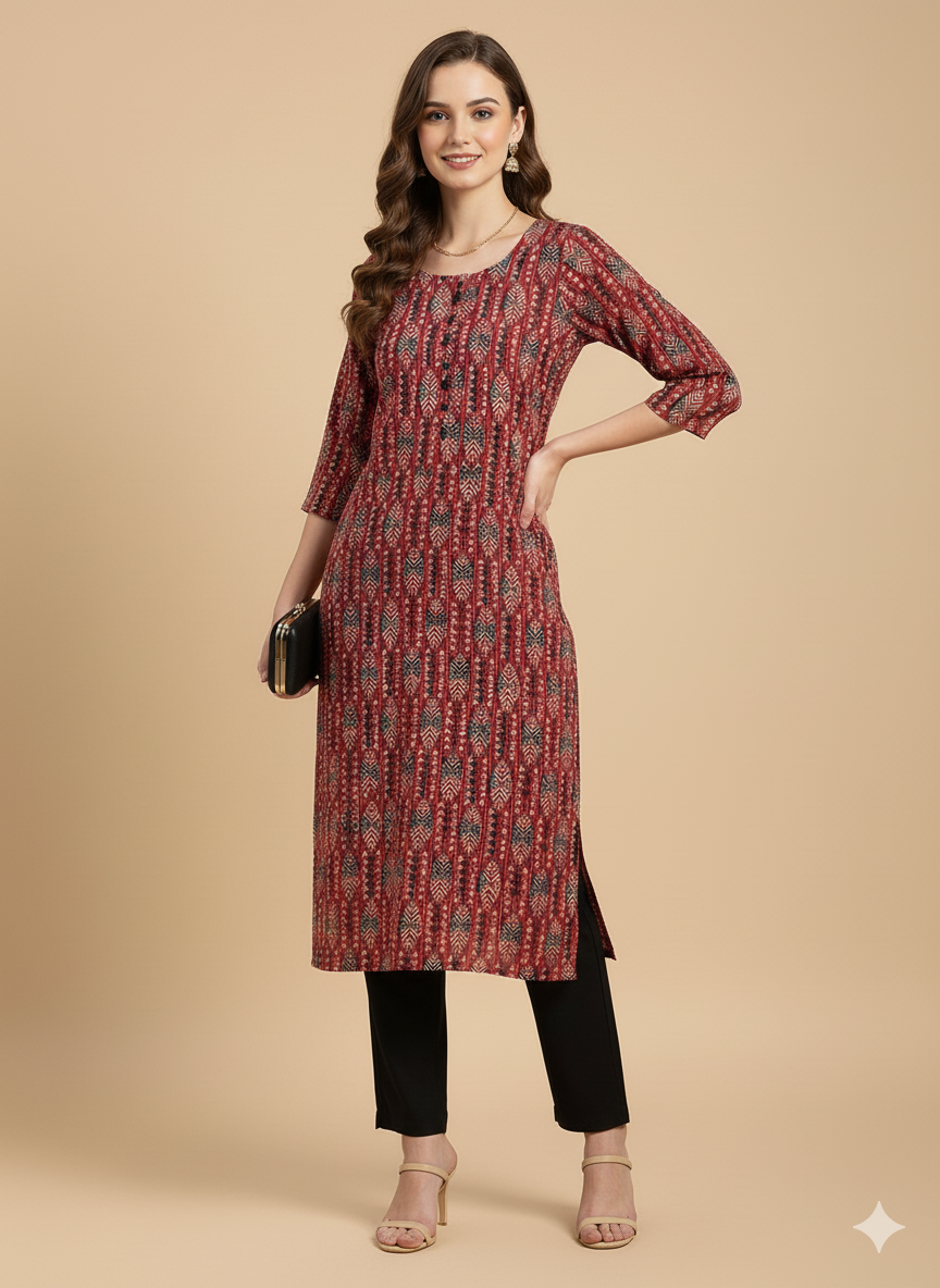 Maroon Geometric Print Threadwork Straight Kurta