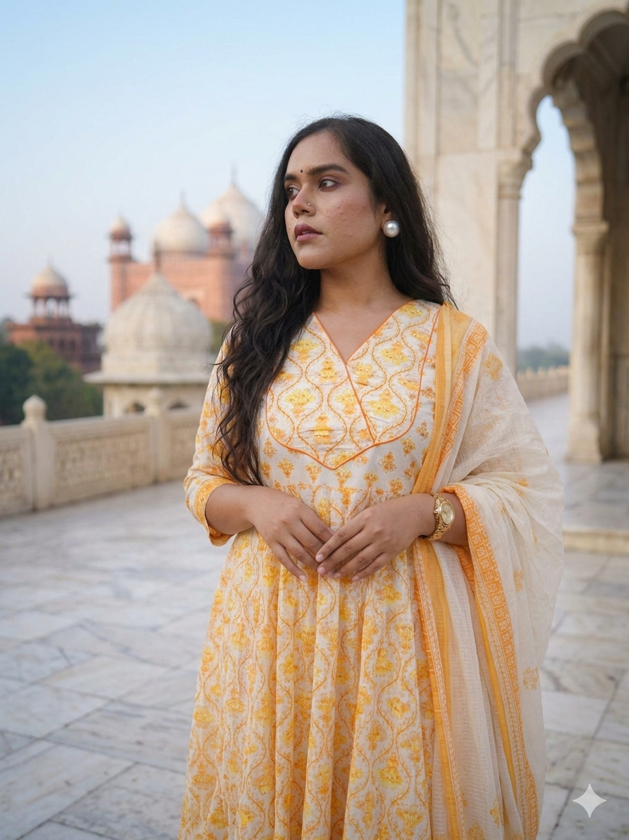 Yellow Floral Embroidered Anarkali Kurta with Pant & Dupatta