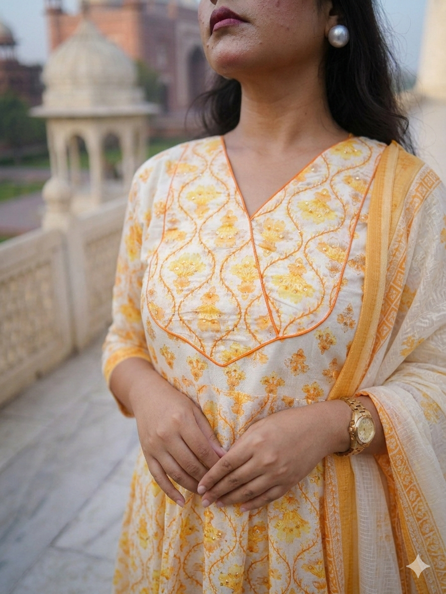 Yellow Floral Embroidered Anarkali Kurta with Pant & Dupatta