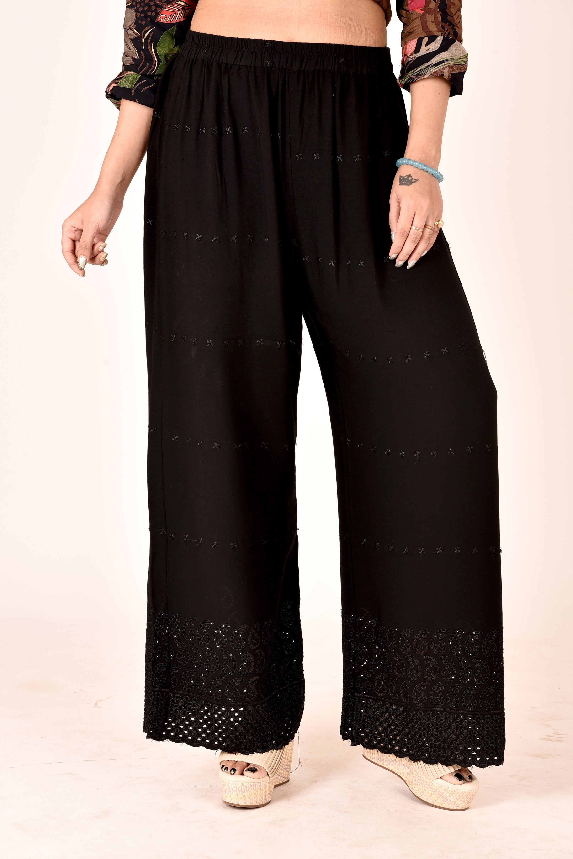 Black Schiffli Embroidered Palazzo
