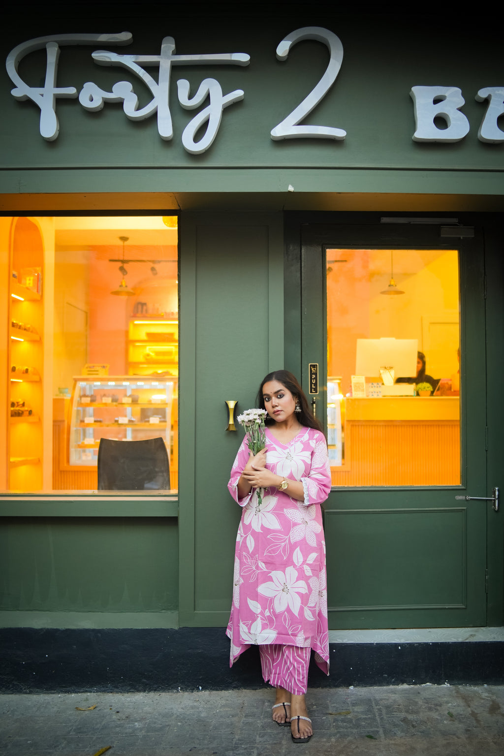 Orchid Pink Floral Print A-Line Kurta With Pant