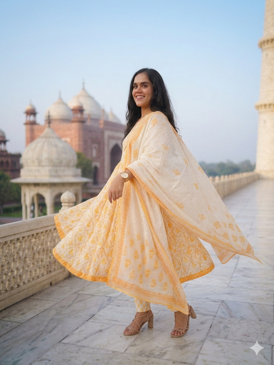 Yellow Floral Embroidered Anarkali Kurta with Pant & Dupatta