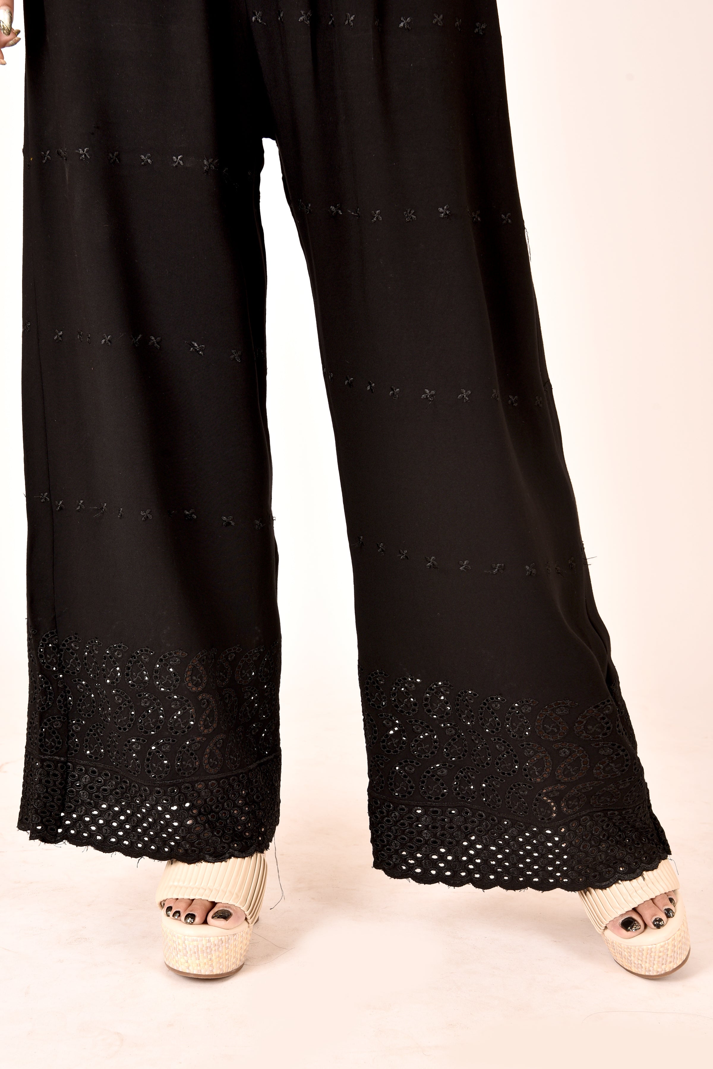 Black Schiffli Embroidered Palazzo