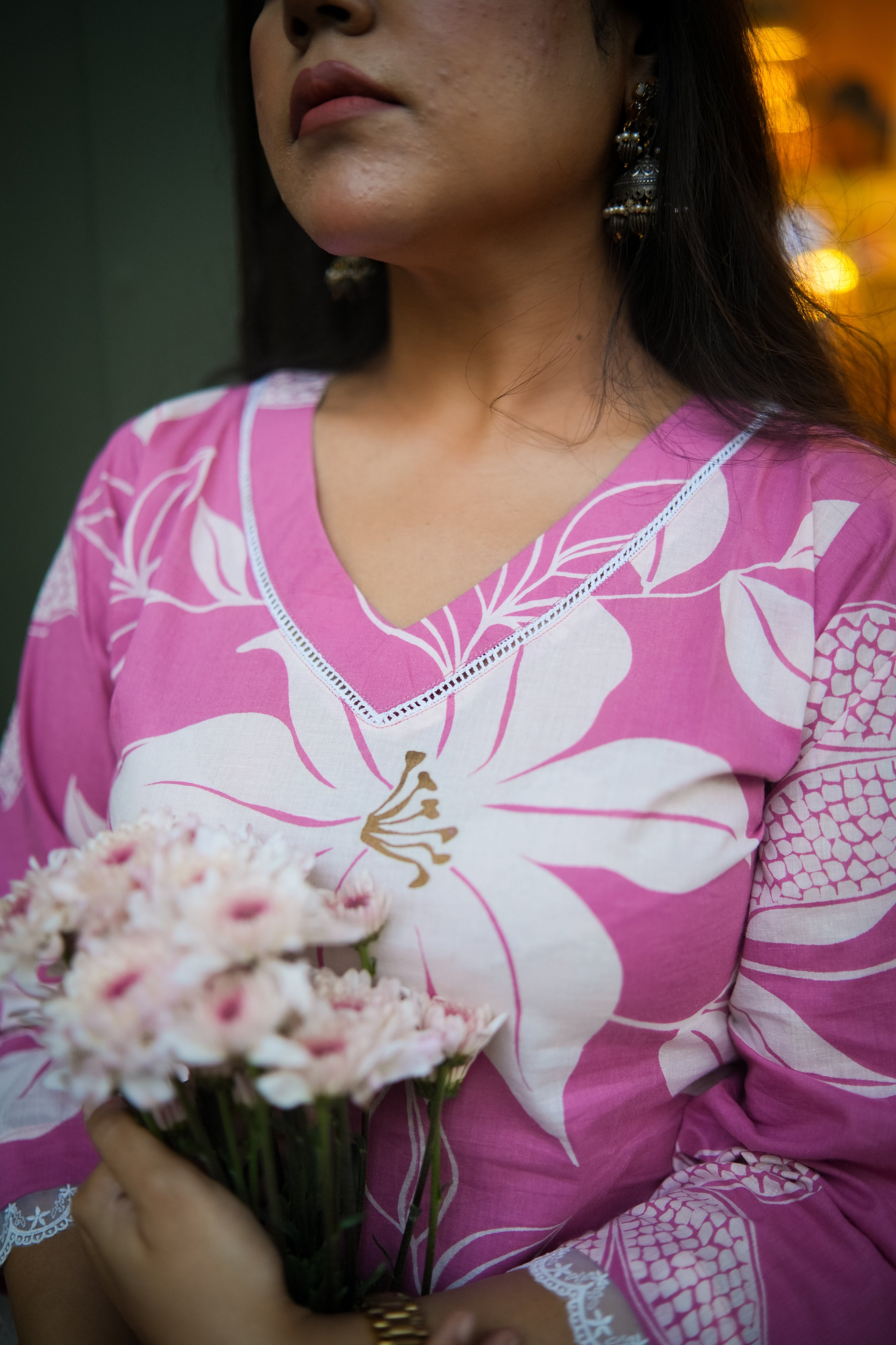 Orchid Pink Floral Print A-Line Kurta With Pant
