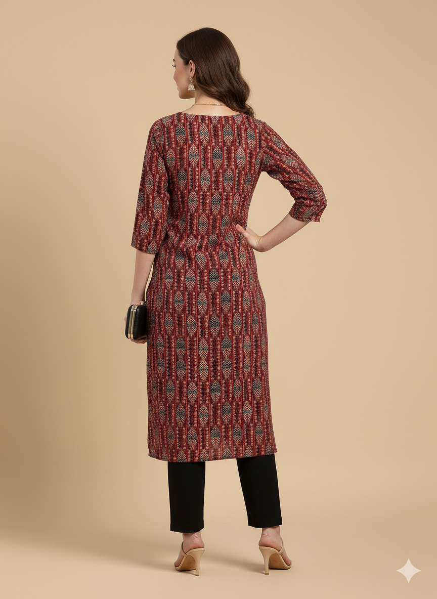 Maroon Geometric Print Threadwork Straight Kurta