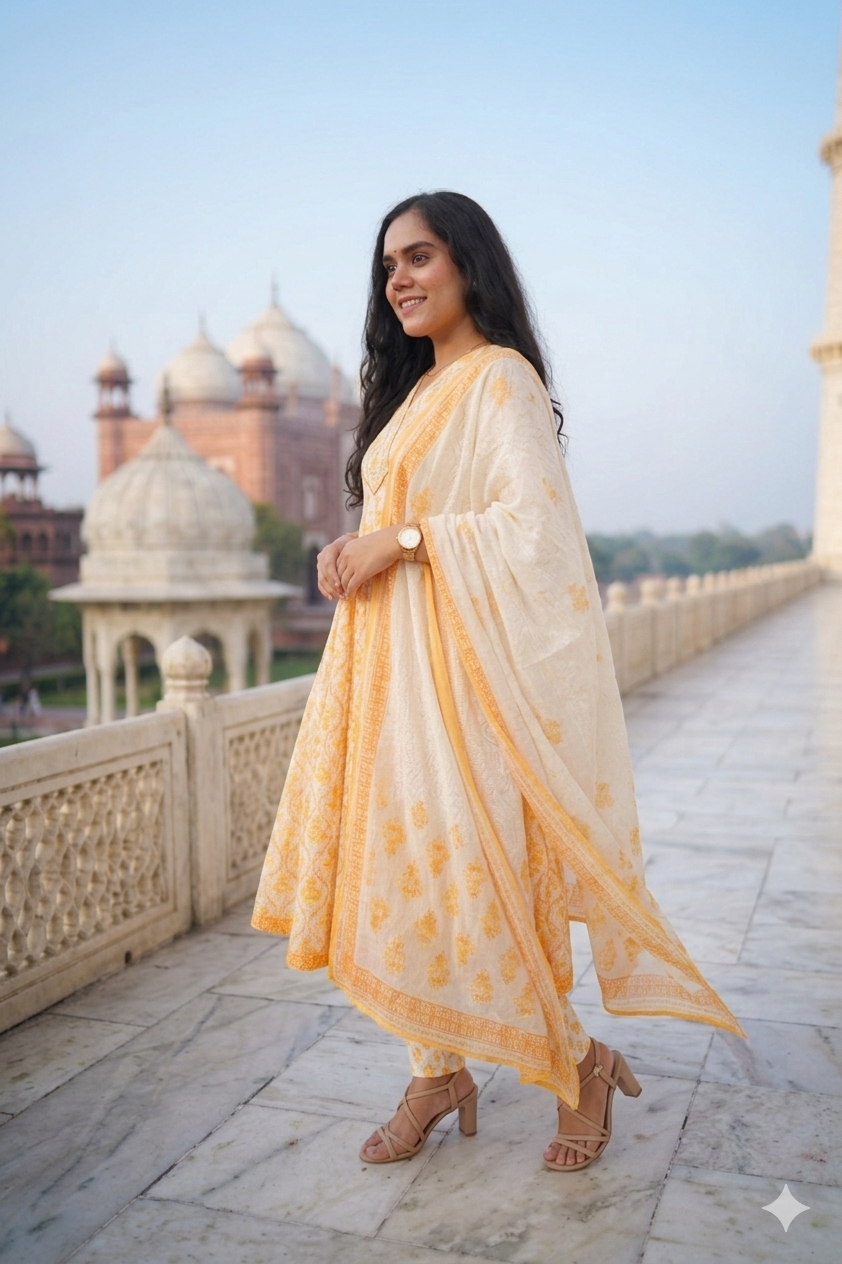 Yellow Floral Embroidered Anarkali Kurta with Pant & Dupatta