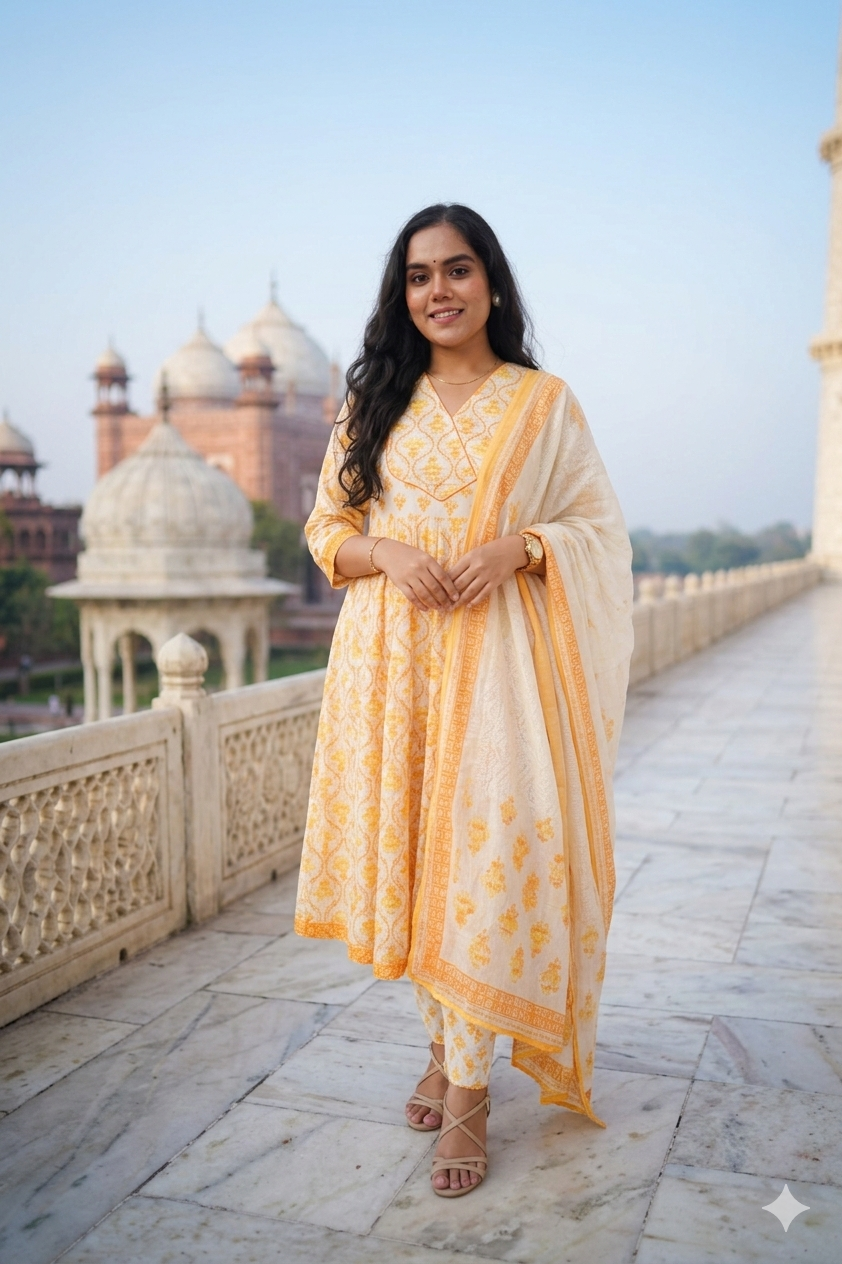 Yellow Floral Embroidered Anarkali Kurta with Pant & Dupatta