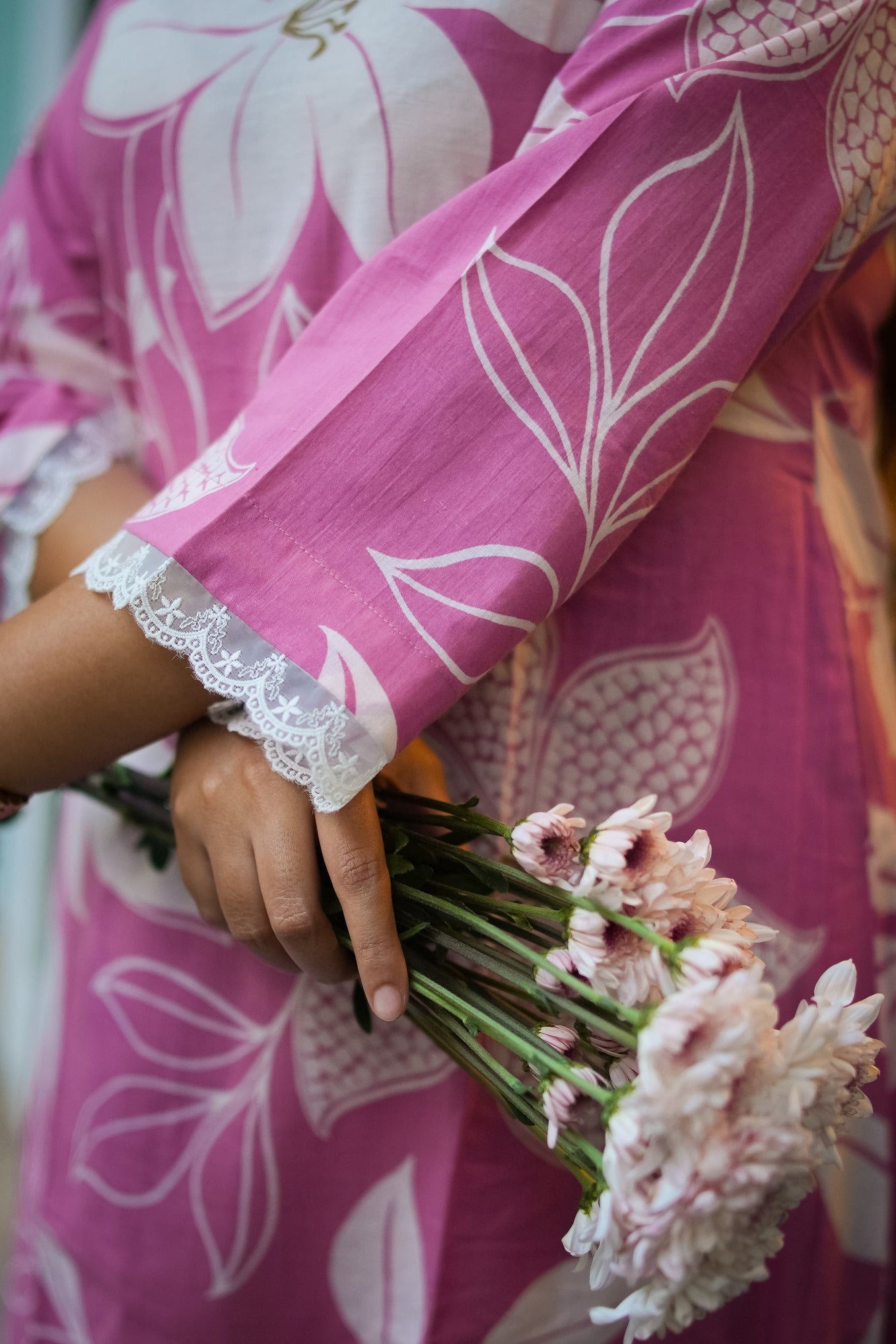 Orchid Pink Floral Print A-Line Kurta With Pant