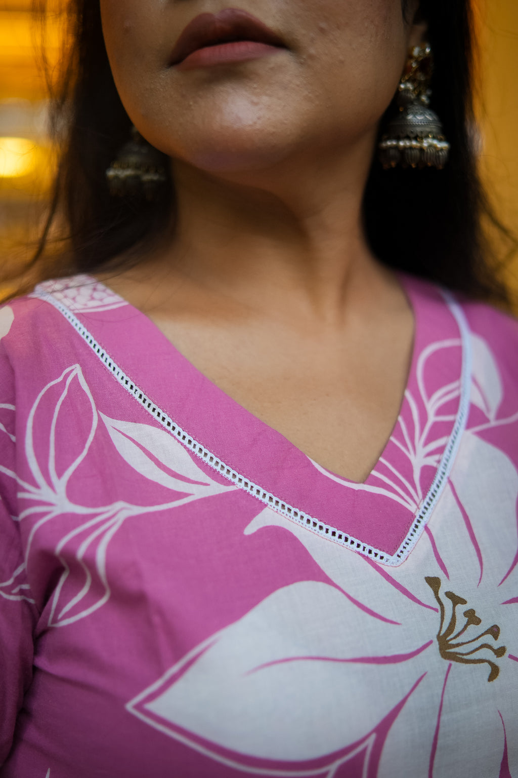 Orchid Pink Floral Print A-Line Kurta With Pant