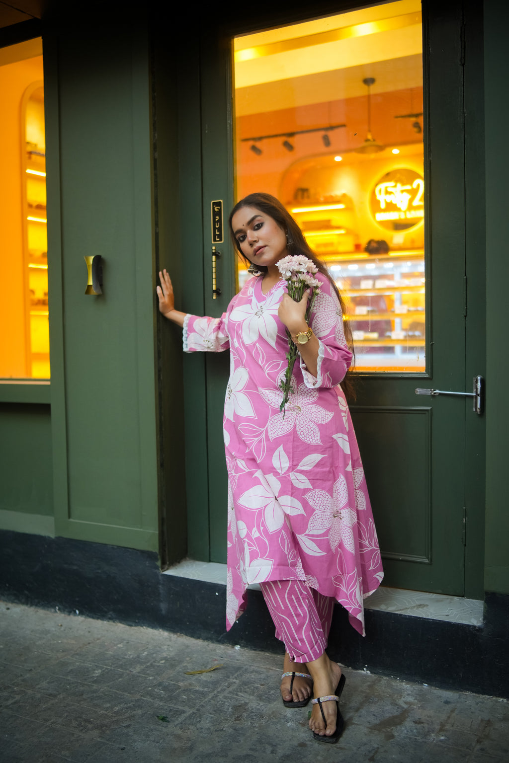 Orchid Pink Floral Print A-Line Kurta With Pant