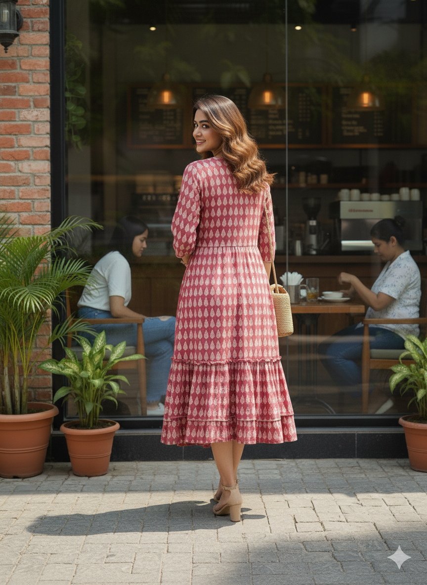 Pink Leaf Print Flared Dress