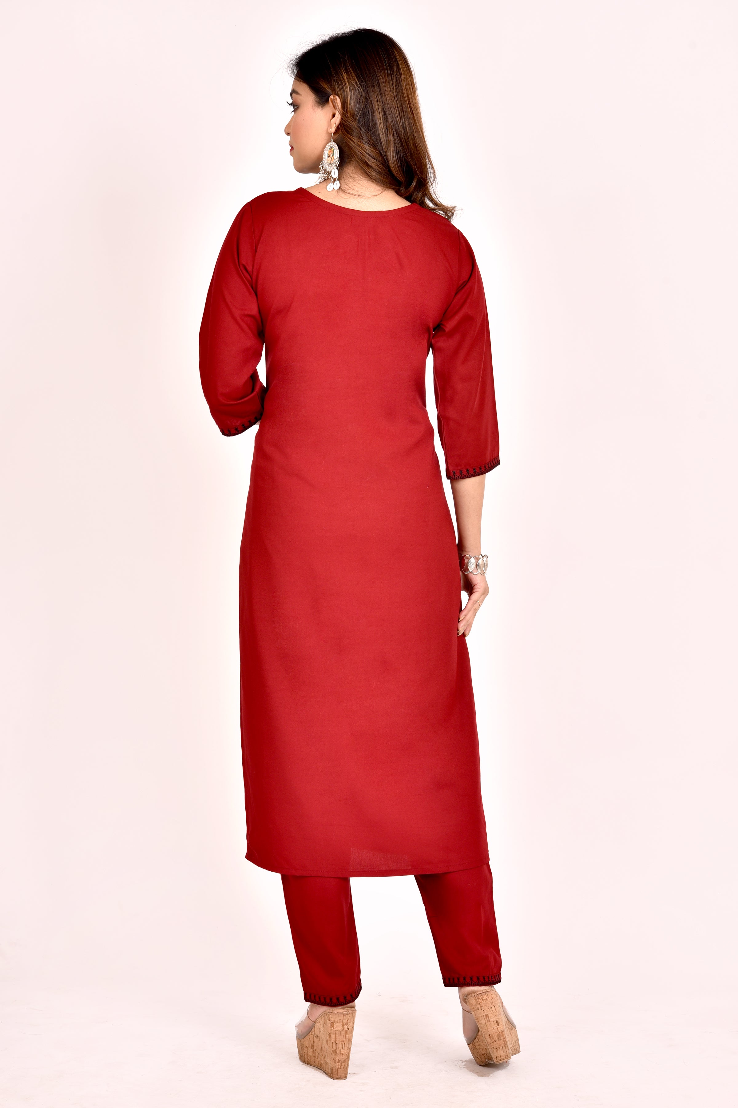 Maroon Embroidered Kurta With Pant