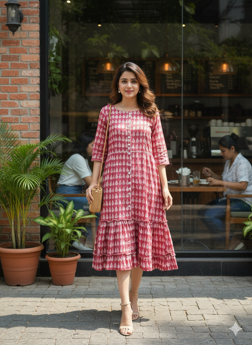 Pink Leaf Print Flared Dress