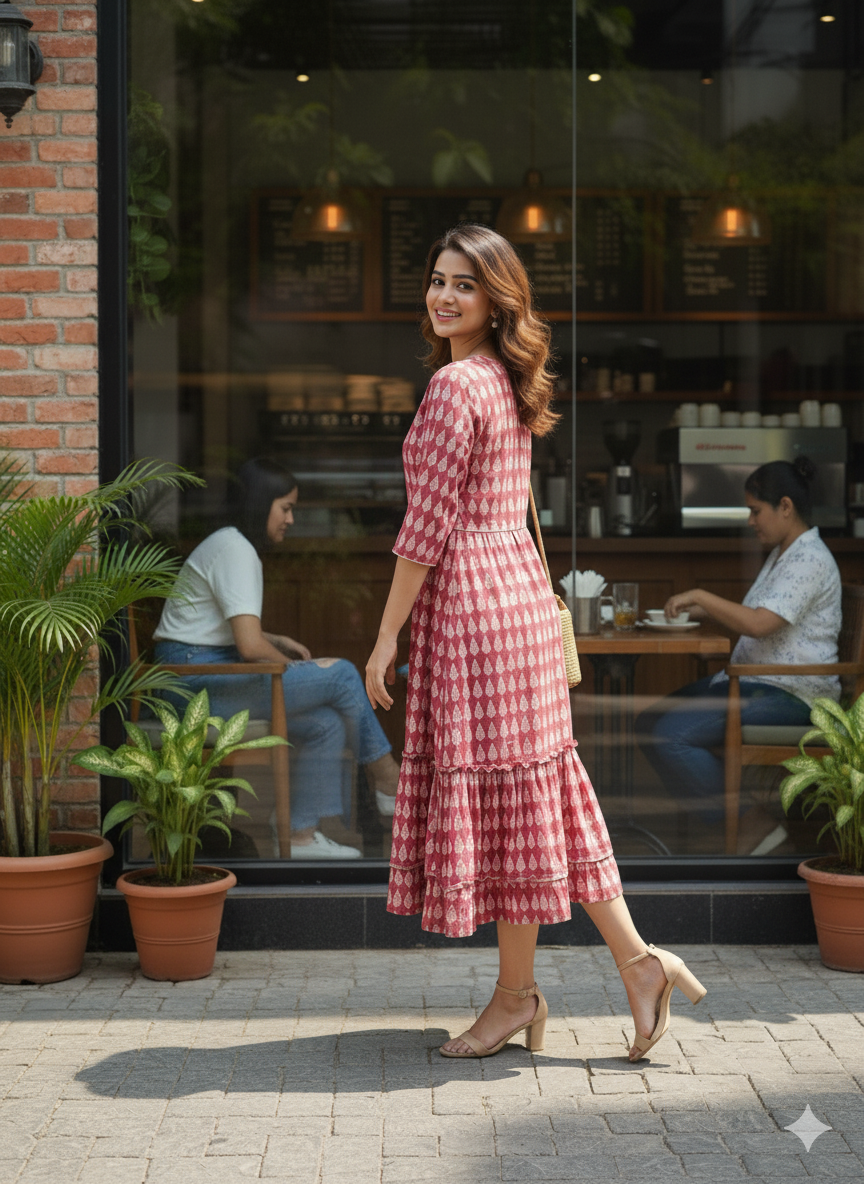 Pink Leaf Print Flared Dress