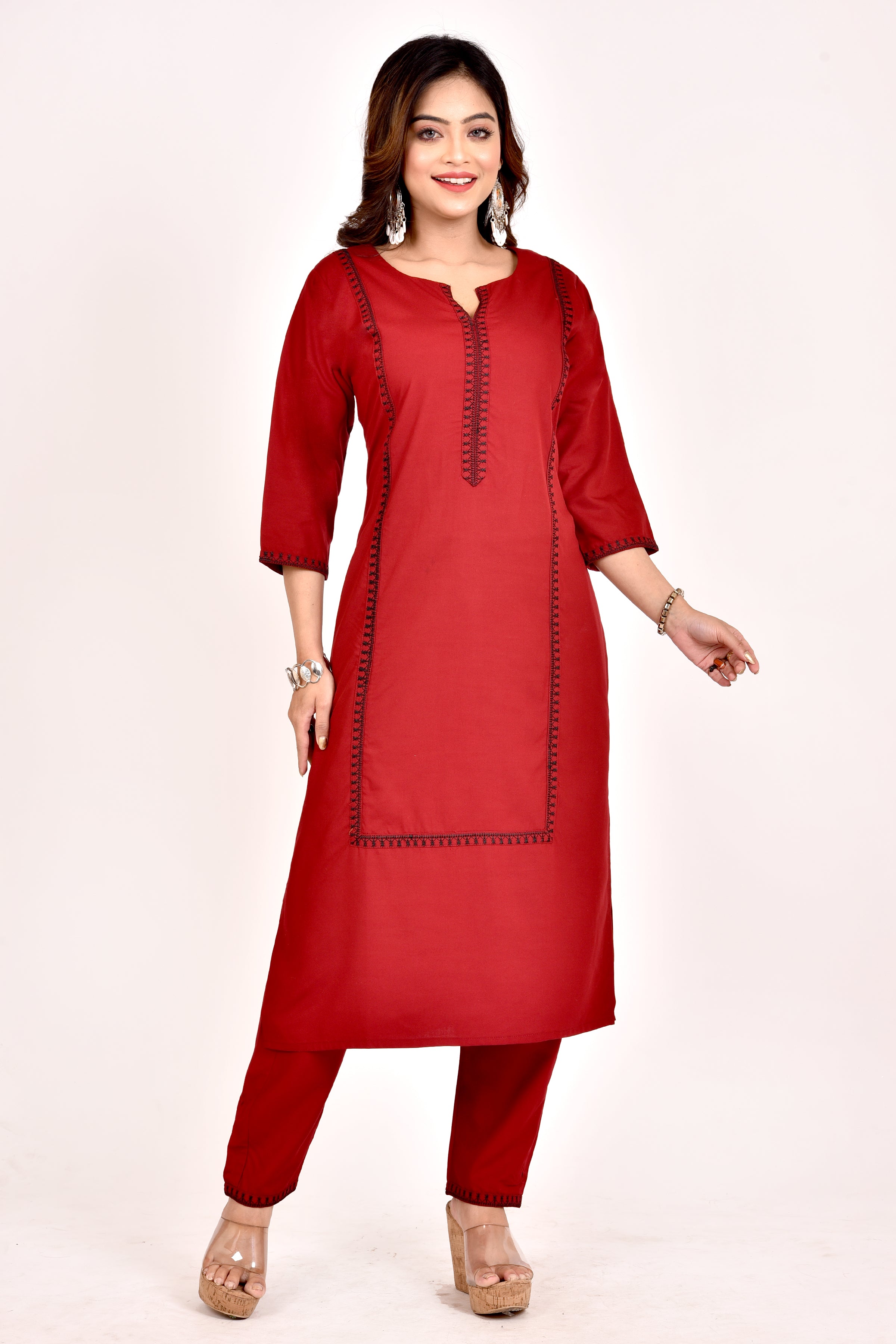 Maroon Embroidered Kurta With Pant