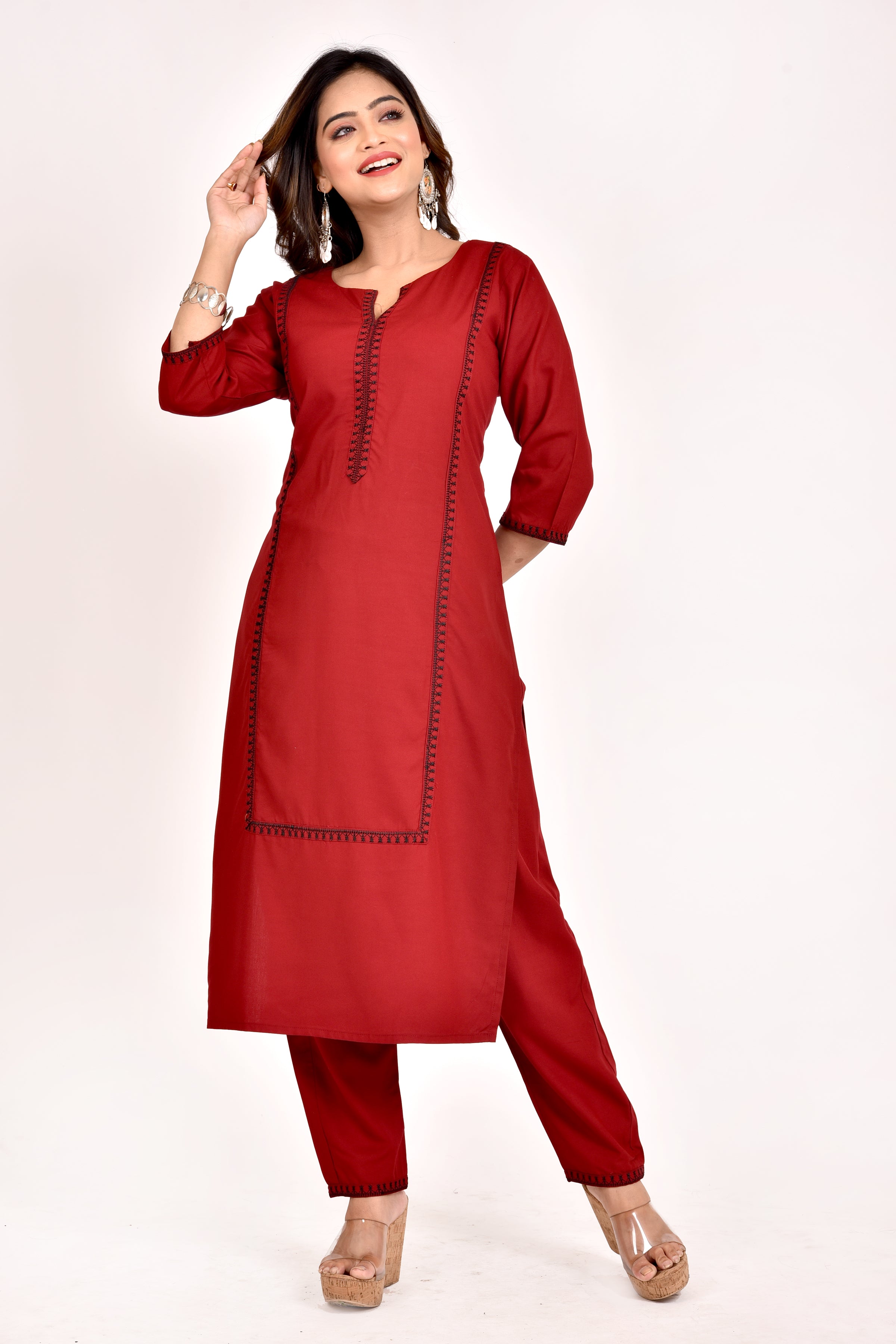 Maroon Embroidered Kurta With Pant