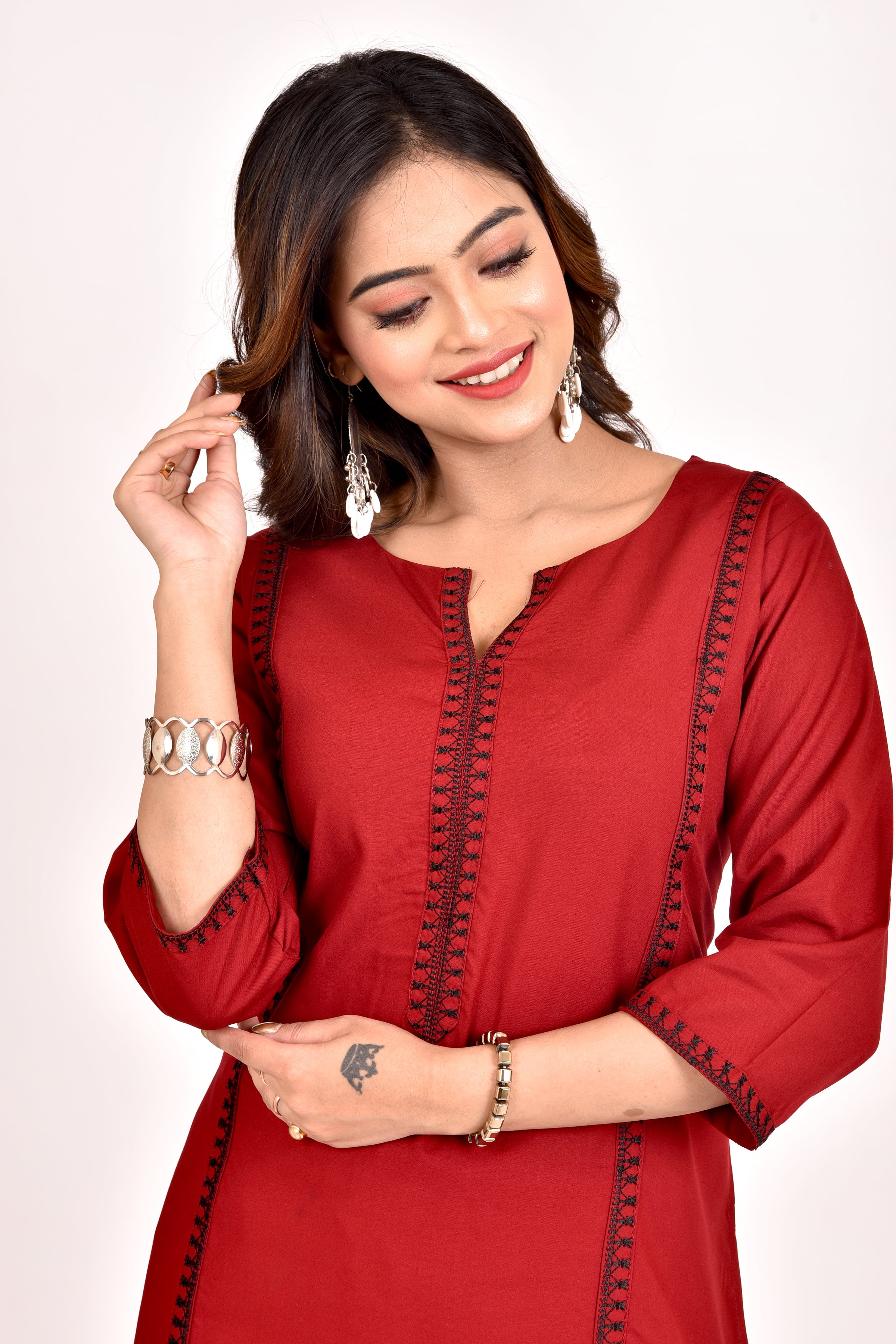 Maroon Embroidered Kurta With Pant