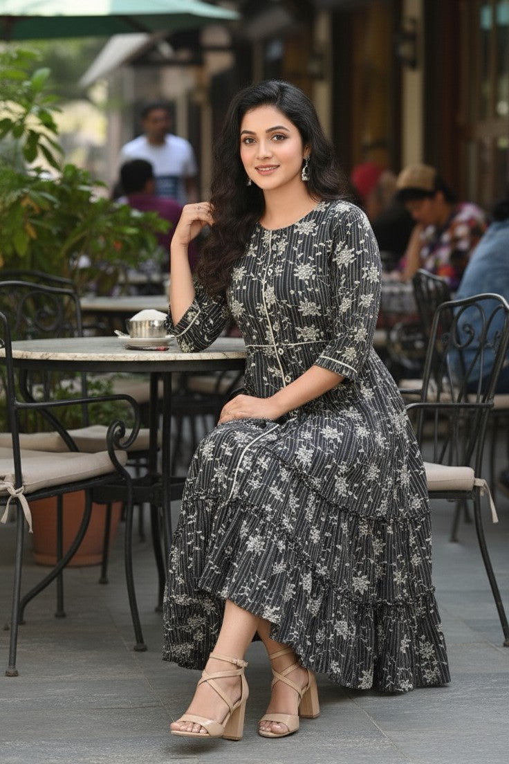 Grey Black Floral Print Flared Dress