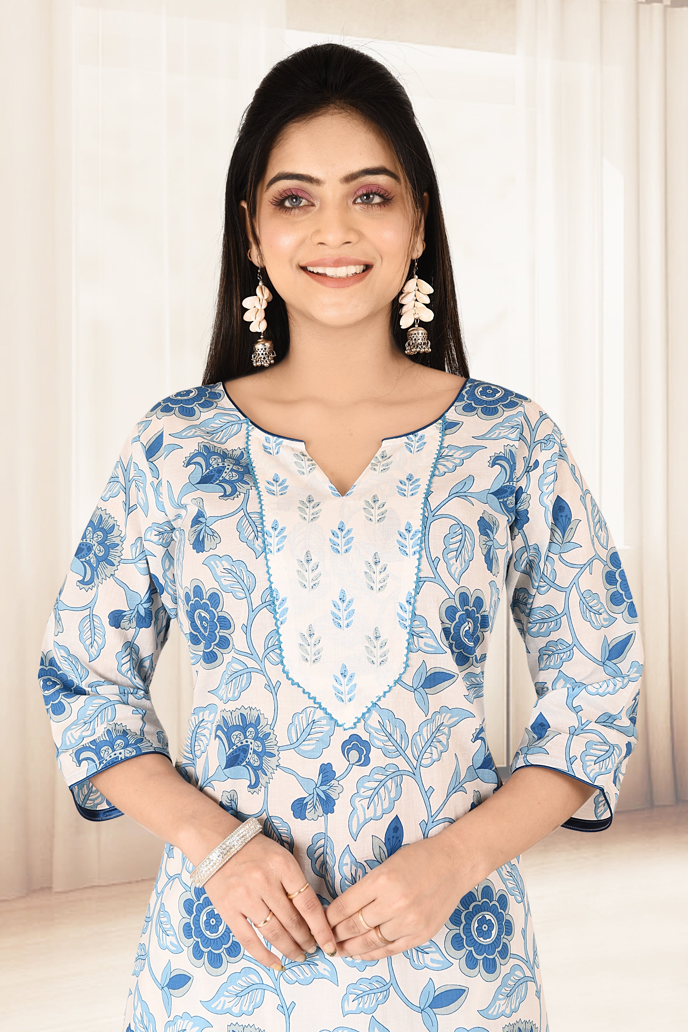 Blue & White Floral Print Kurta With Pant & Dupatta