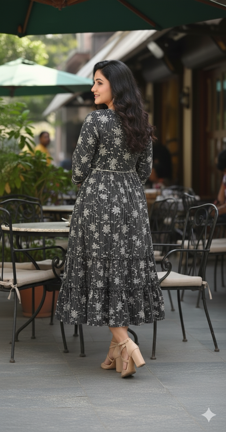 Grey Black Floral Print Flared Dress