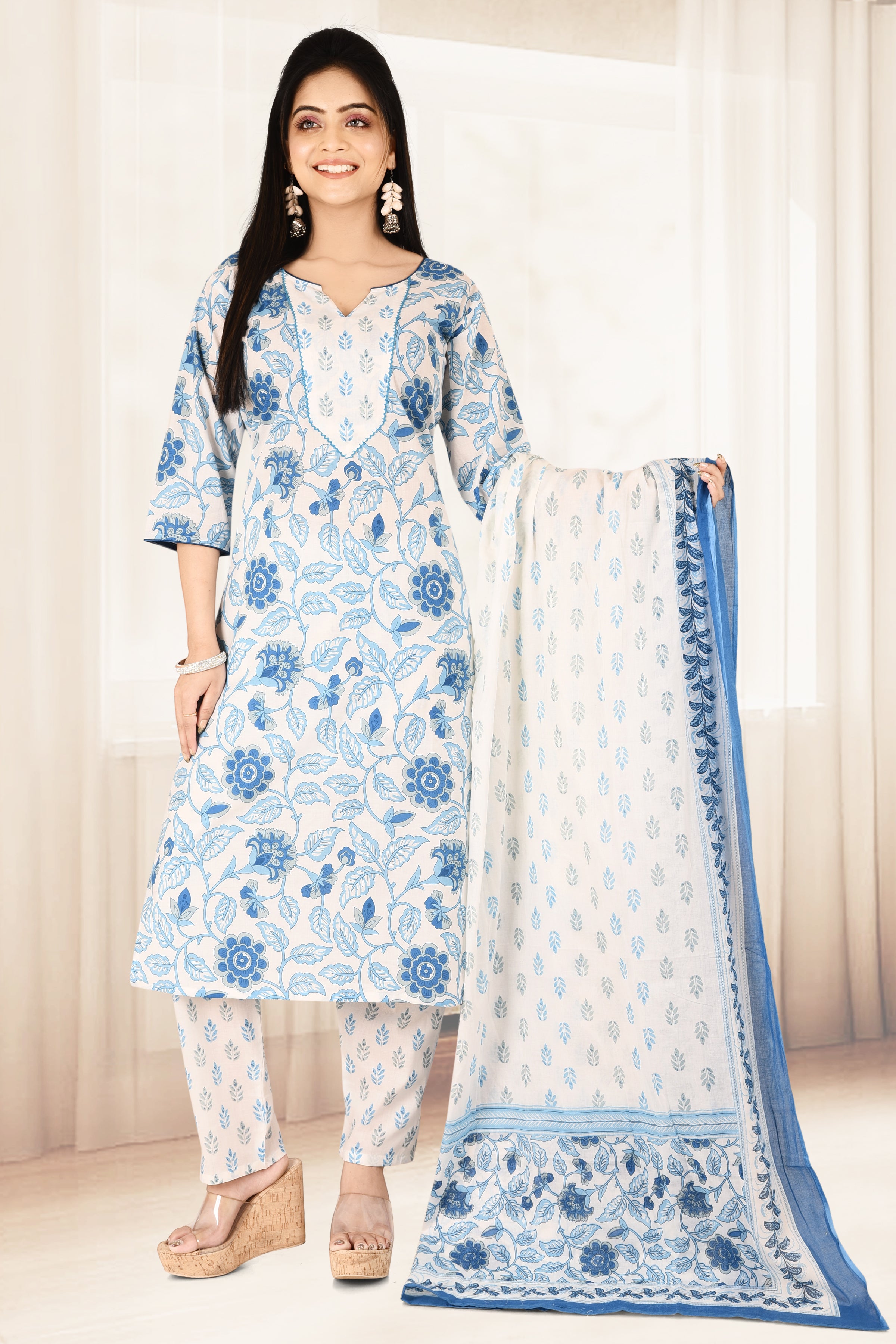 Blue & White Floral Print Kurta With Pant & Dupatta