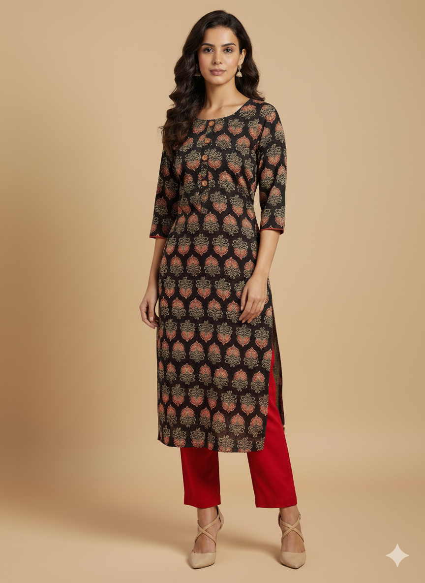 Black Stylized Lotus Print Straight Kurta