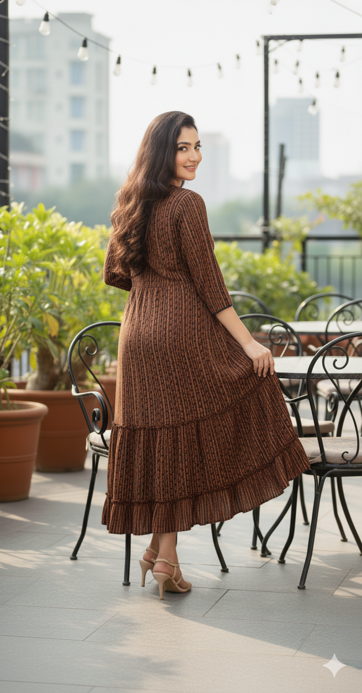 Brown Striped Flared Dress