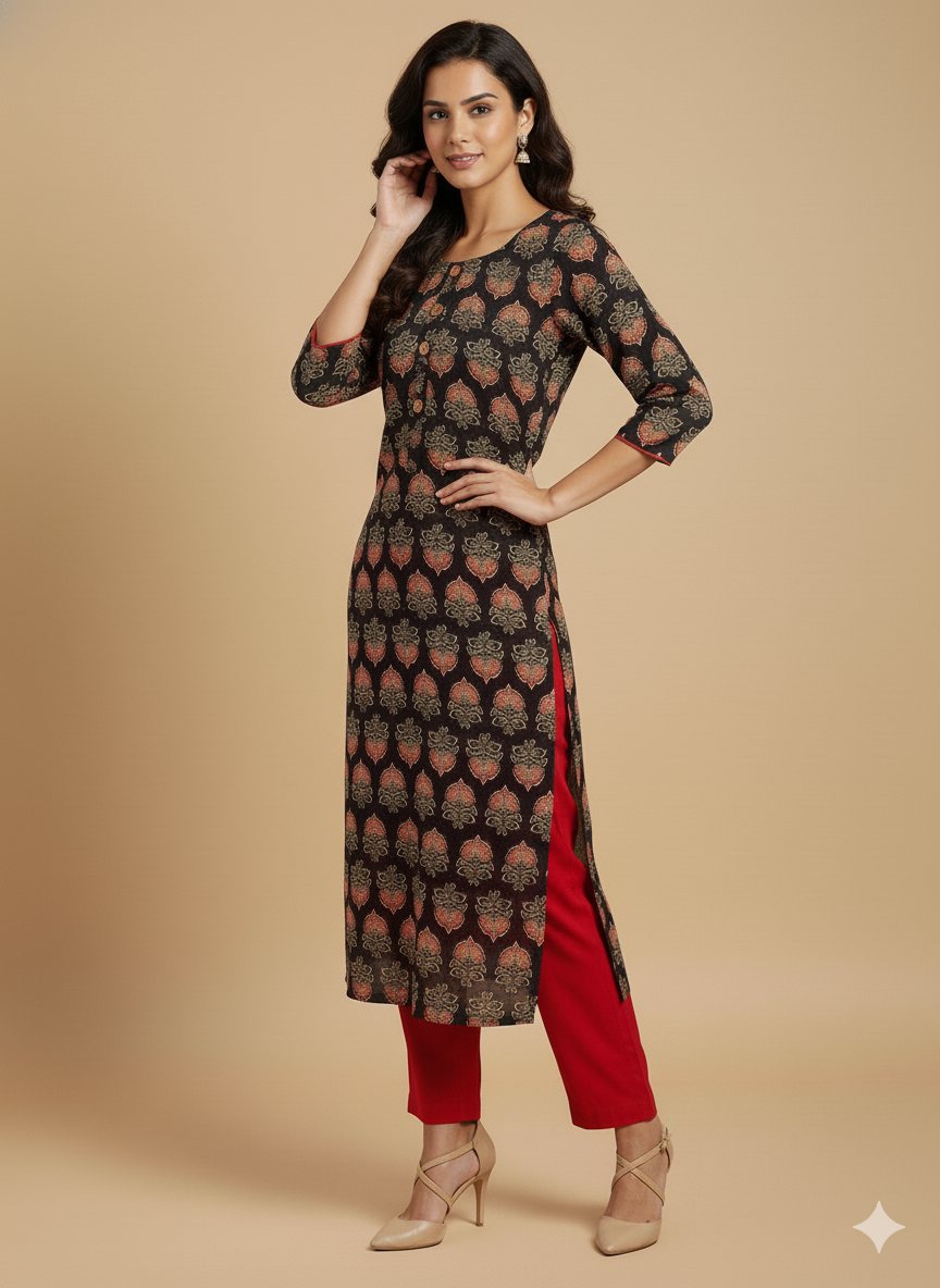 Black Stylized Lotus Print Straight Kurta
