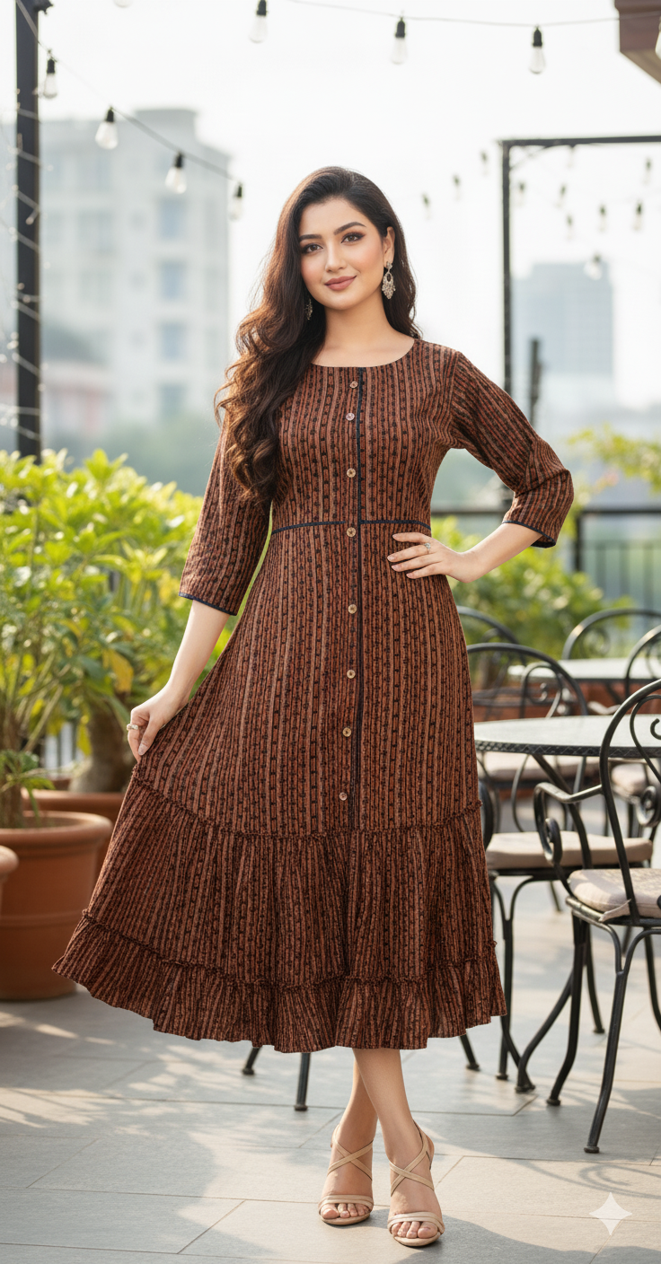 Brown Striped Flared Dress