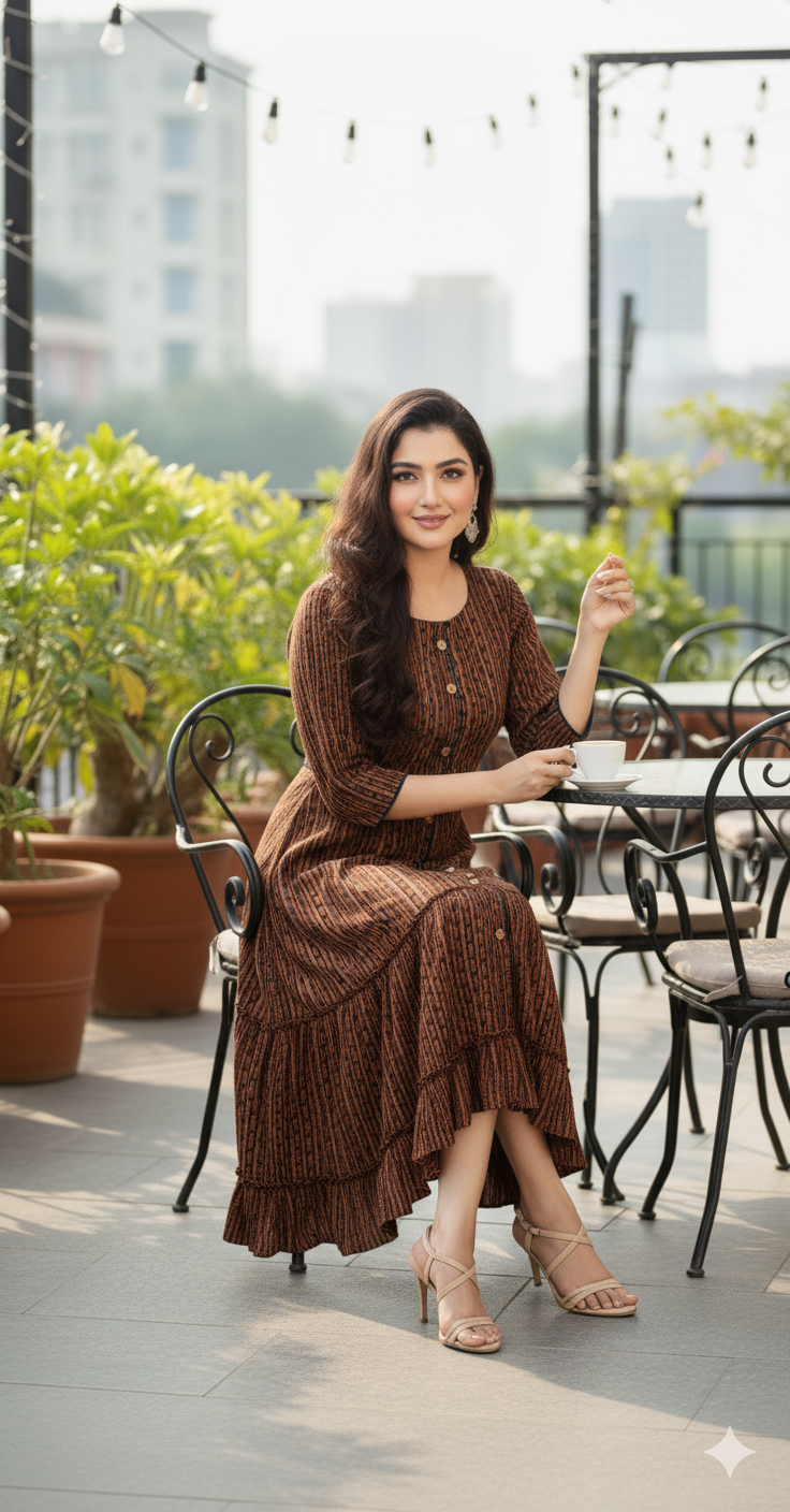 Brown Striped Flared Dress