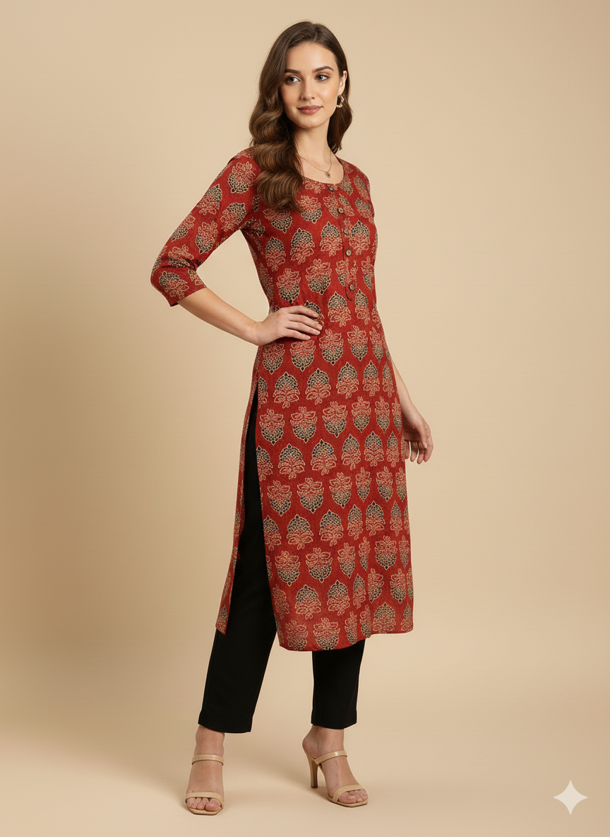 Maroon Stylized Lotus Print Straight Kurta