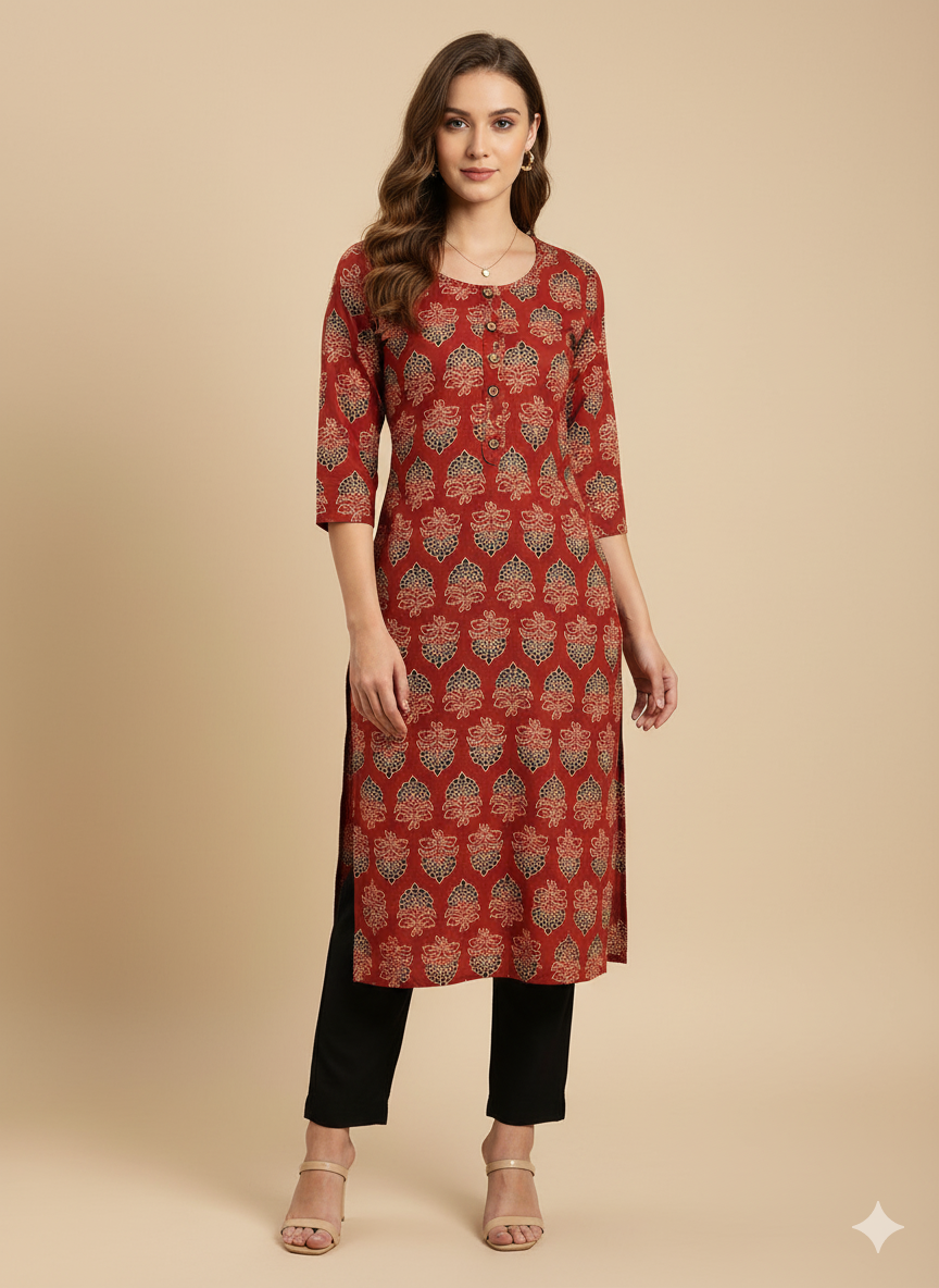 Maroon Stylized Lotus Print Straight Kurta