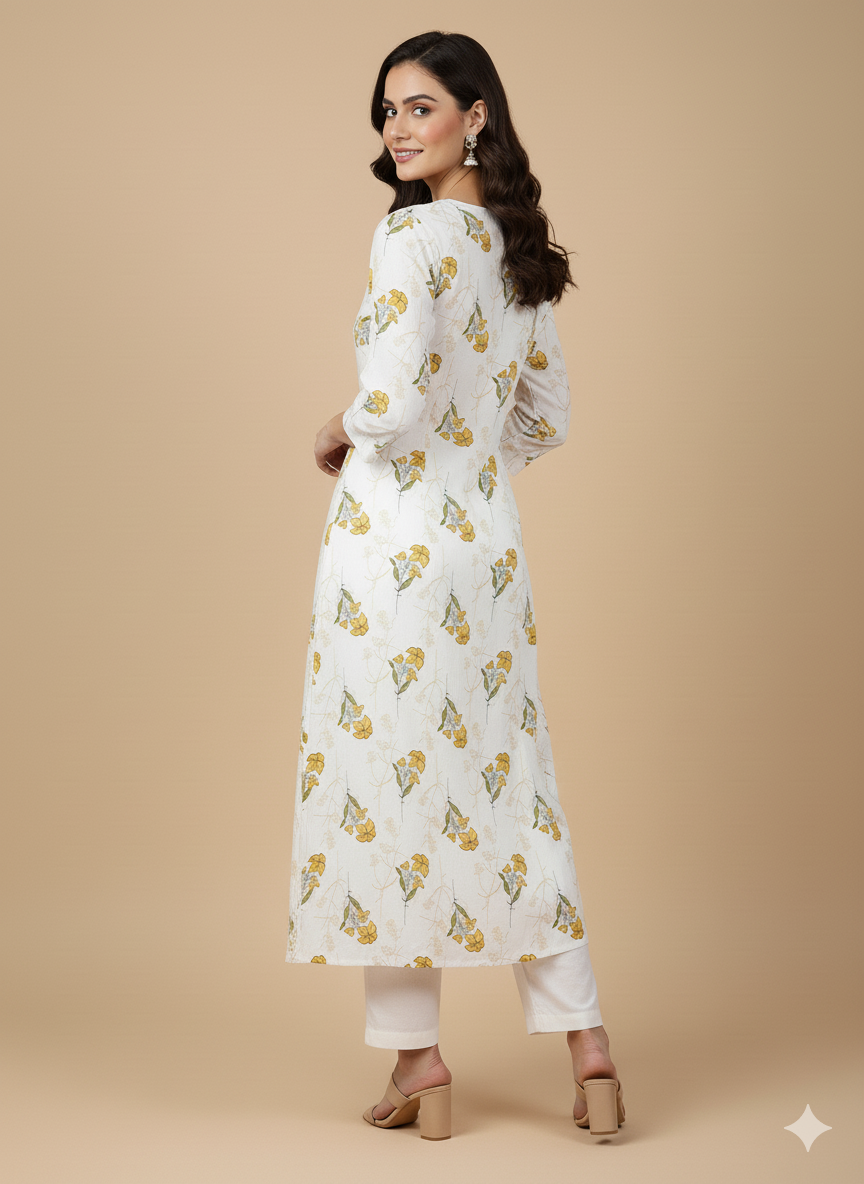 Off-White & Yellow Floral Print A-Line Kurta