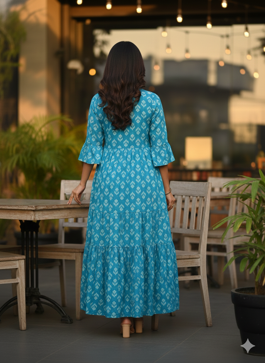 Aqua Blue Floral Print Flared Dress