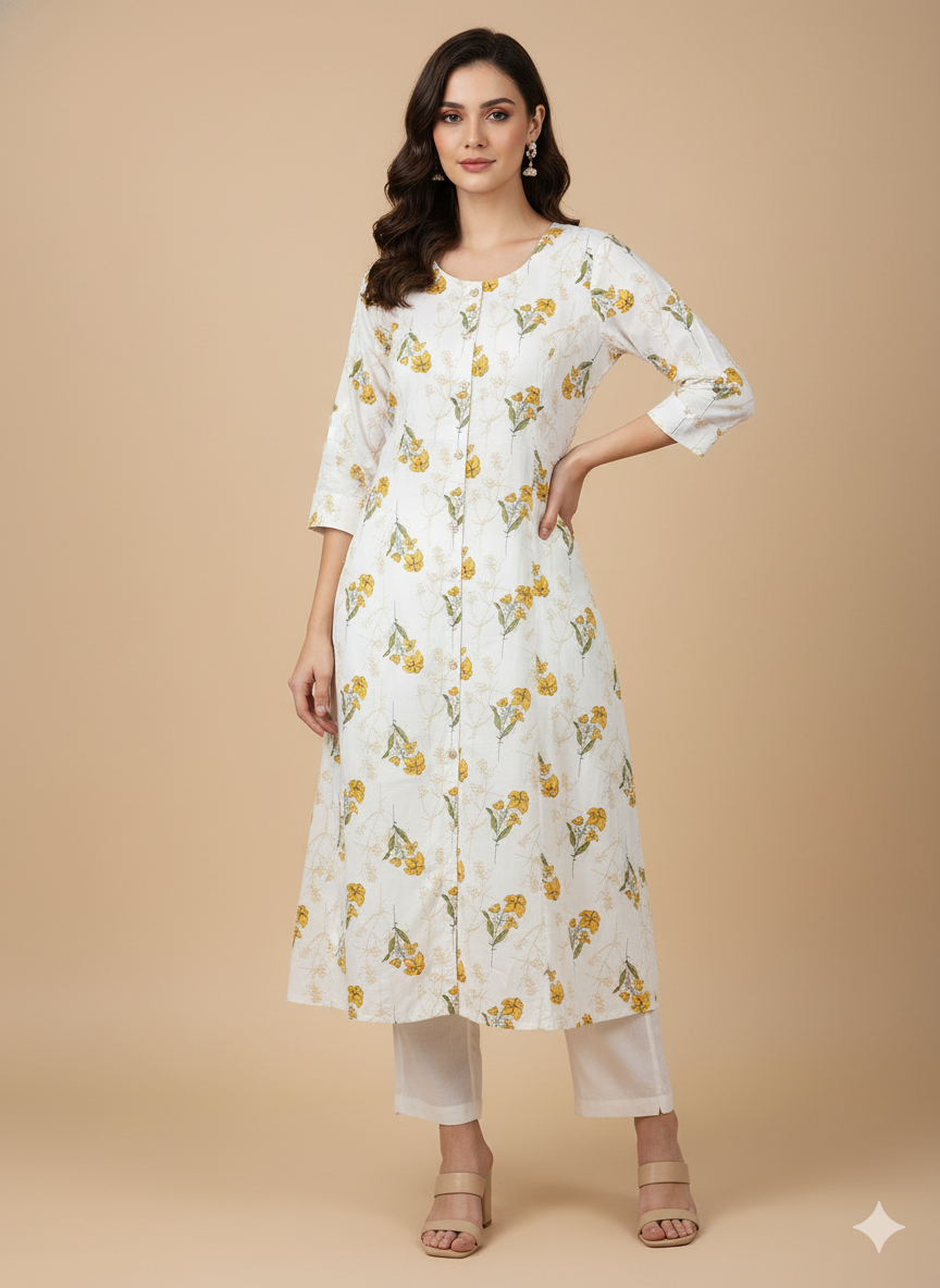 Off-White & Yellow Floral Print A-Line Kurta