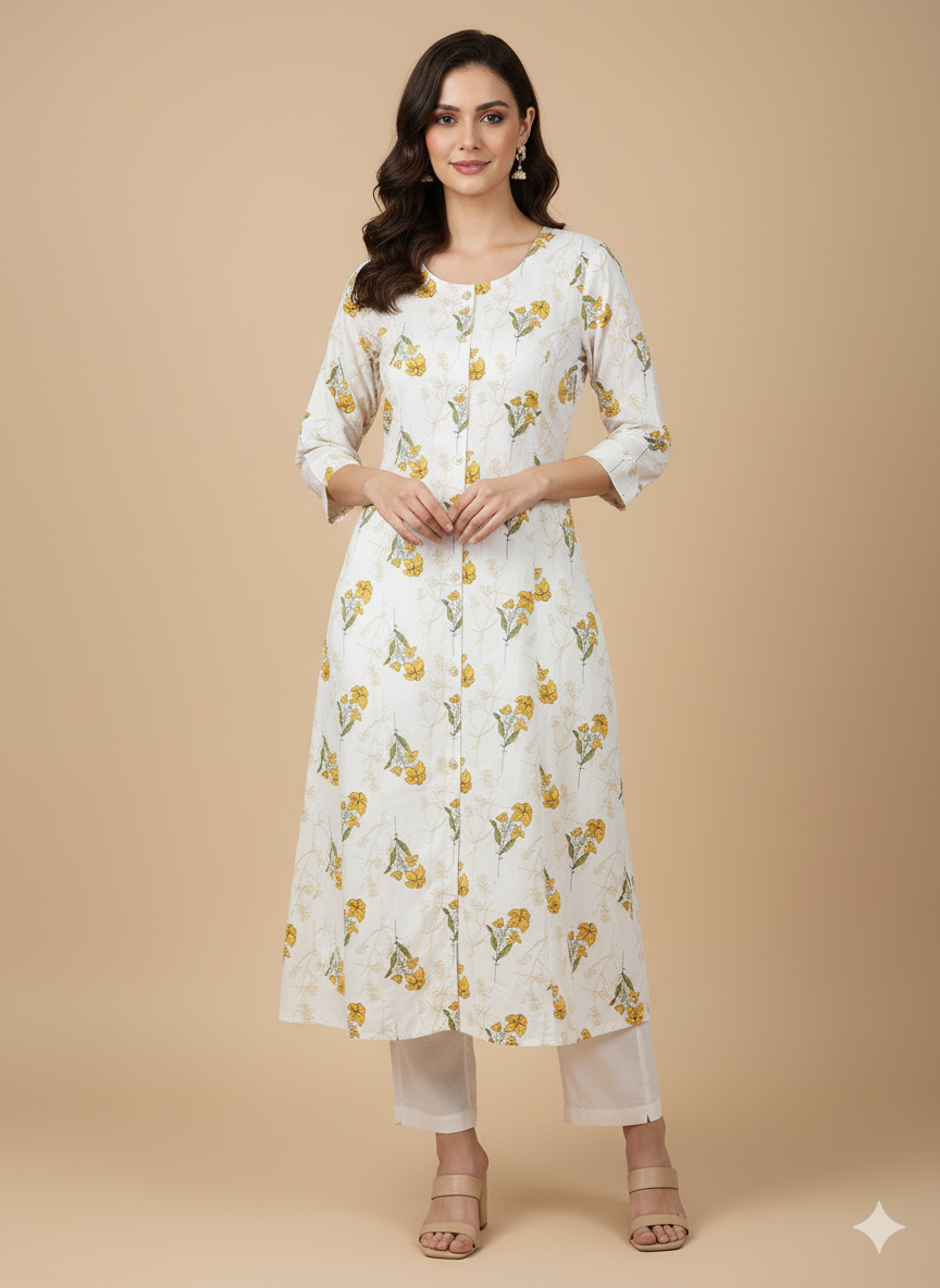Off-White & Yellow Floral Print A-Line Kurta