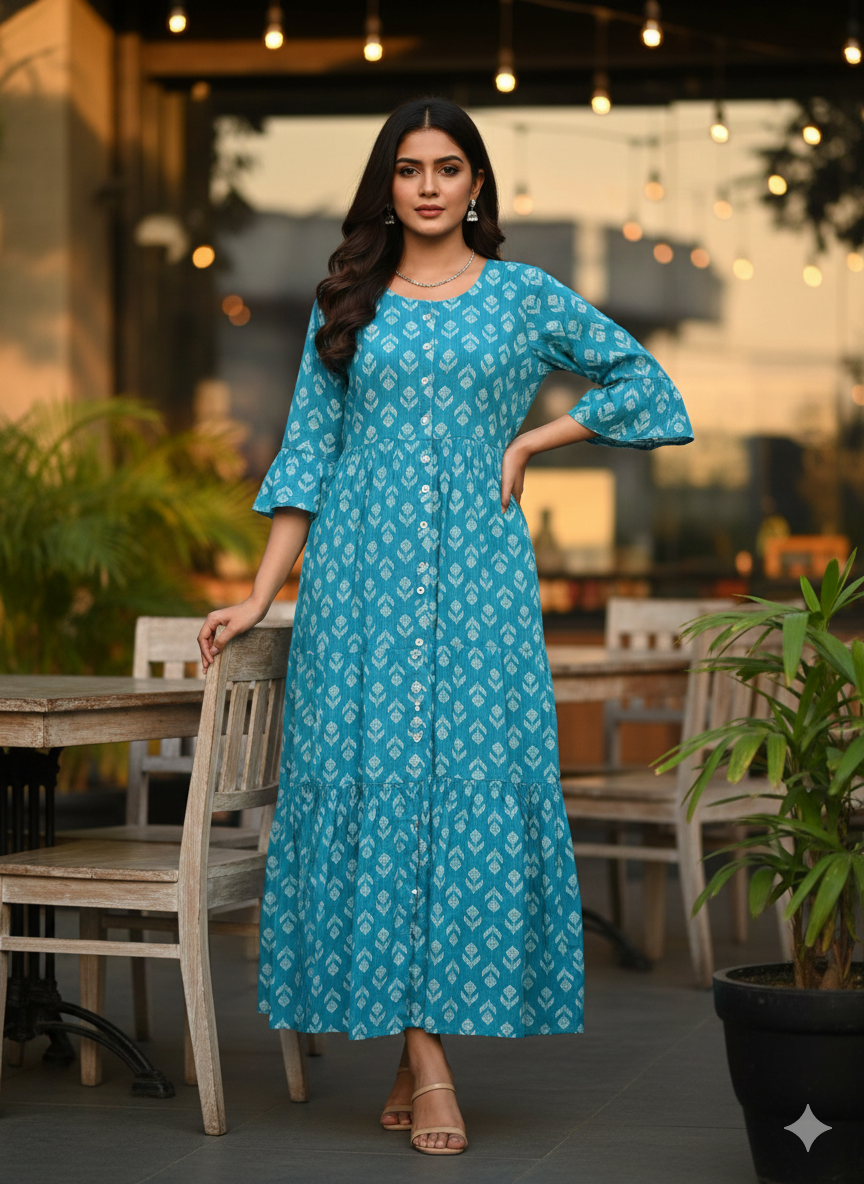 Aqua Blue Floral Print Flared Dress