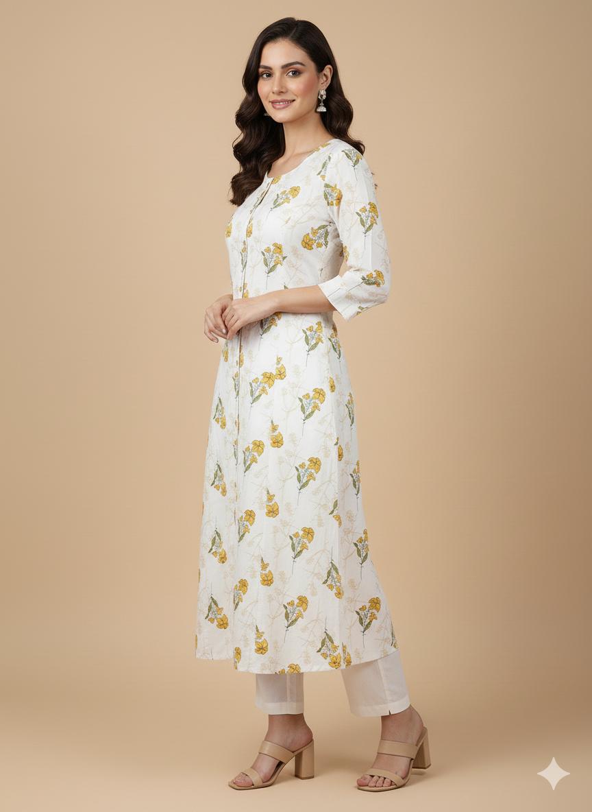 Off-White & Yellow Floral Print A-Line Kurta