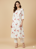 Off-White & Red Floral Print A-Line Kurta