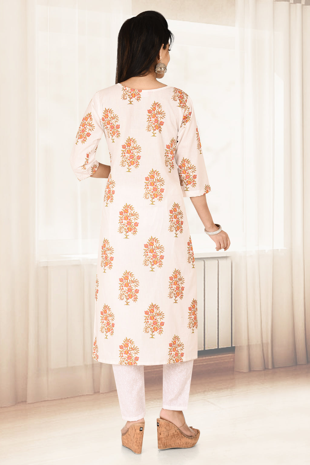 White Floral Print Straight Kurta