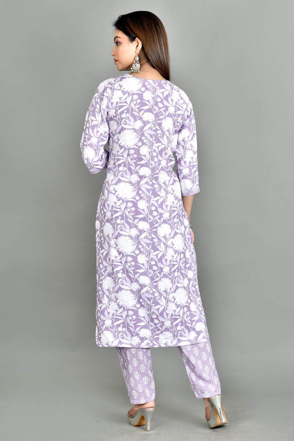 Lavender Floral Embroidered Kurta With Pant