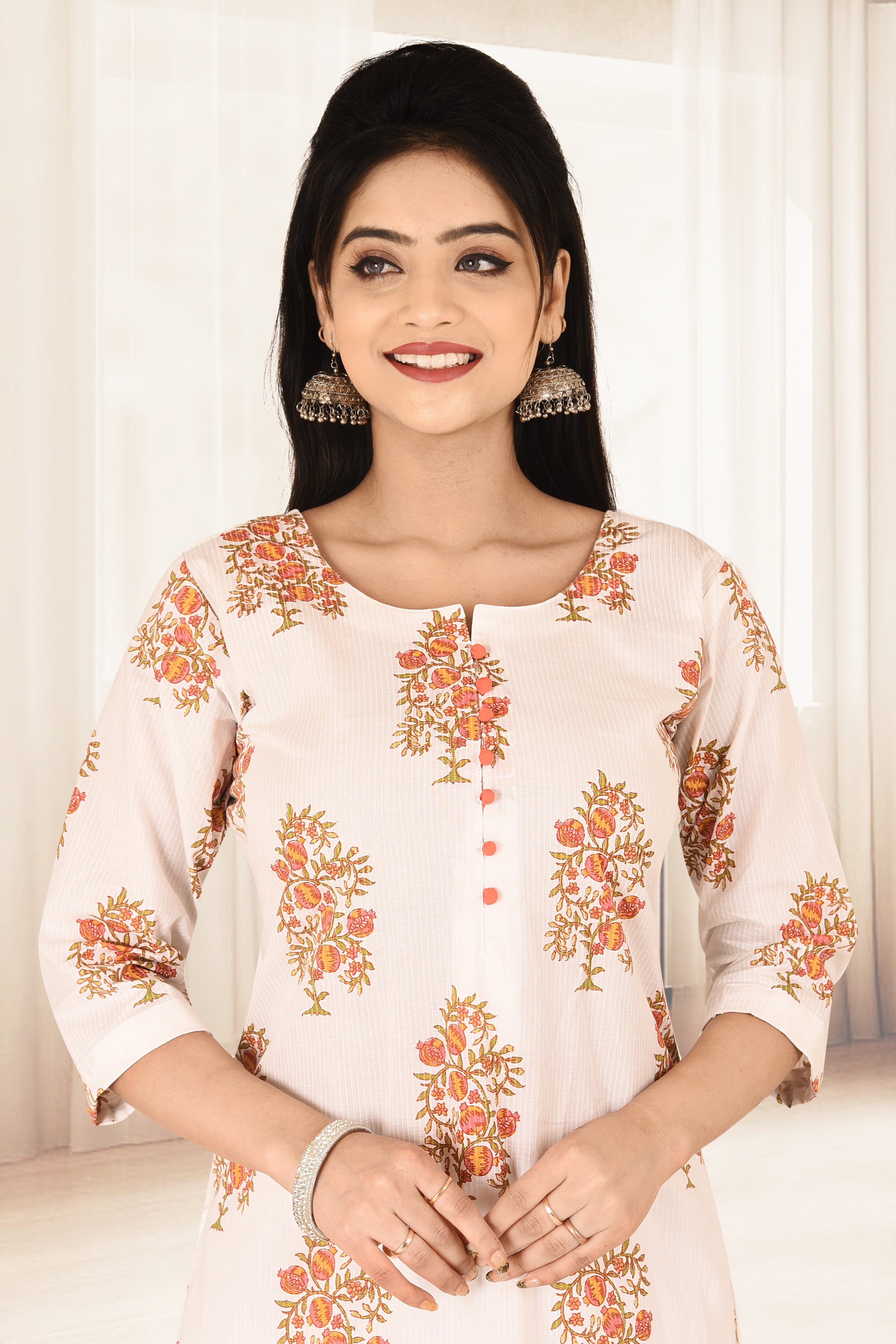 White Floral Print Straight Kurta