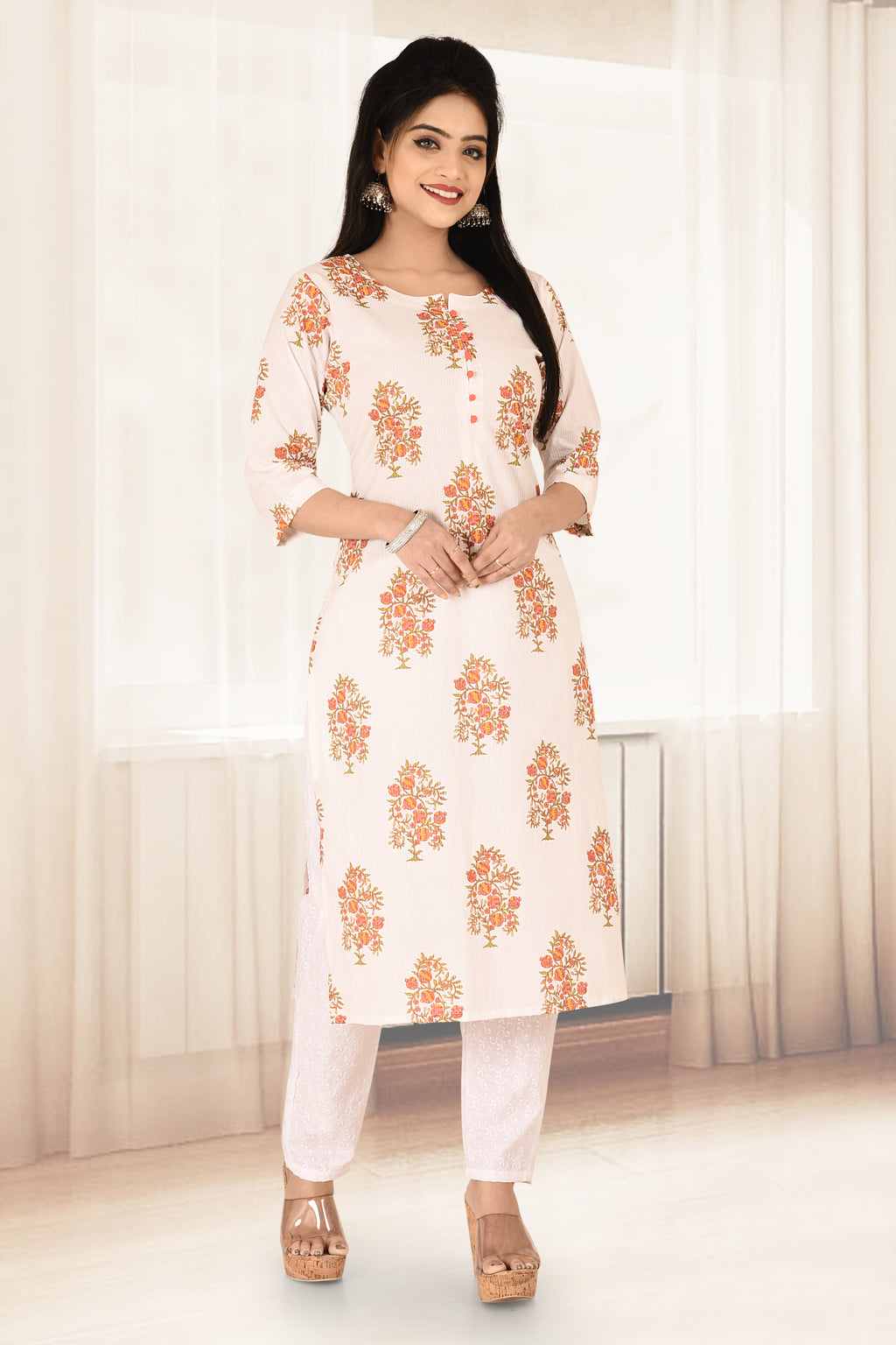White Floral Print Straight Kurta